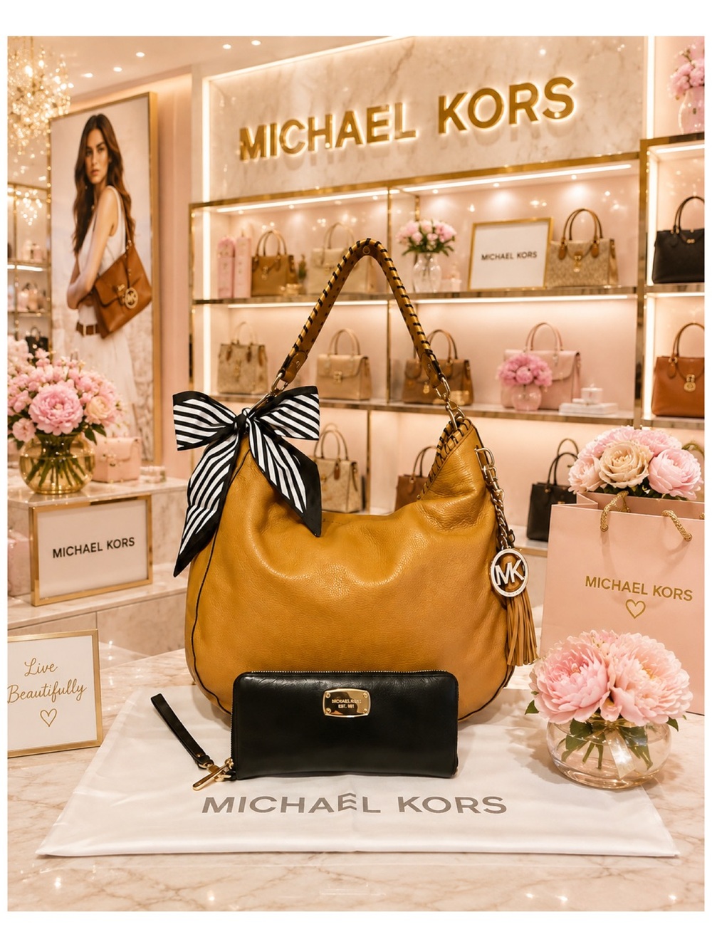 Michael Kors. 5 Piece: Bennet Hobo Bag & Free Wallet, Dust Bag, Scarf & Strap.